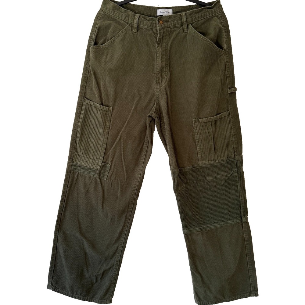 Angel Kiss Corduroy Cargo Pants 13/31 Green Wide Leg Utility Workwear Vibe